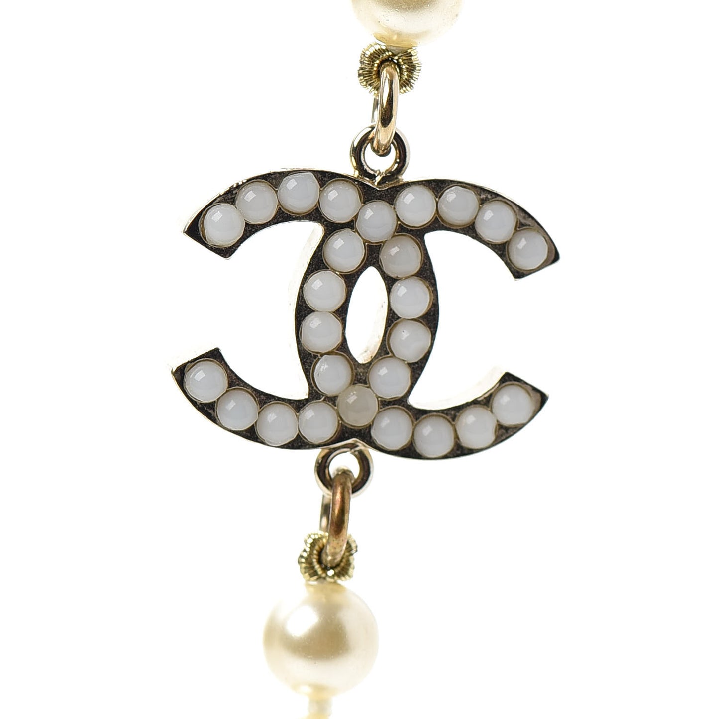 Graduated Pearl CC Long Necklace Light Gold
