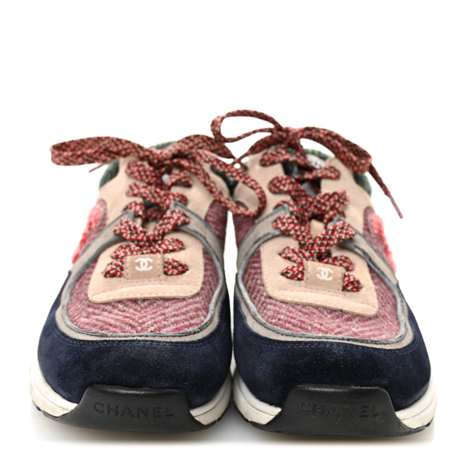 Chanel Tweed Suede CC Sneakers 38.5 Navy Red Multicolor 1807831