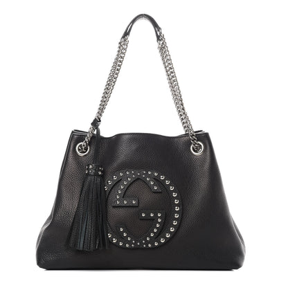 Gucci Pebbled Calfskin Studded Medium Soho Chain Shoulder Bag Black 1 of 12