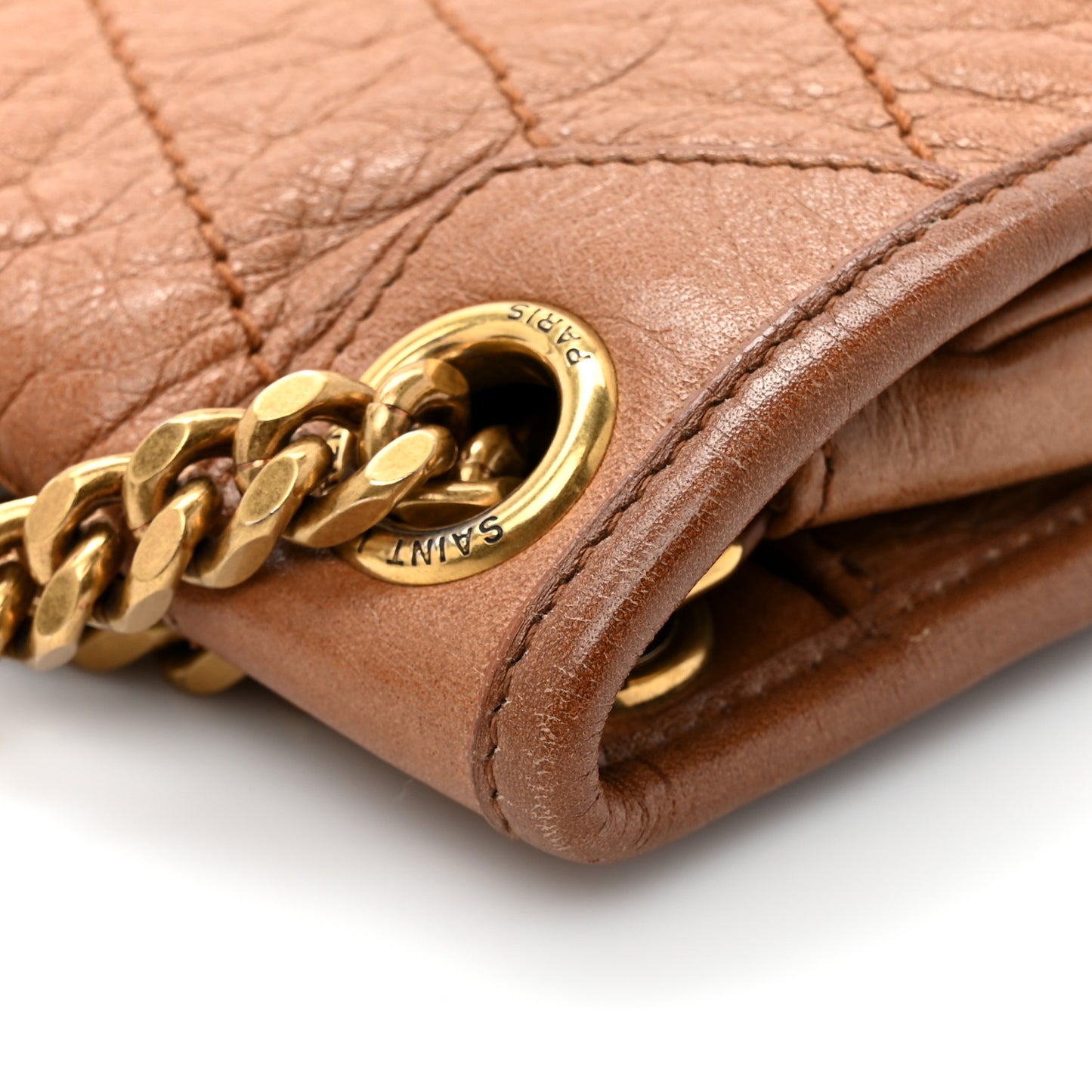 Crinkled Calfskin Matelasse Monogram Medium Niki Chain Satchel Caramel