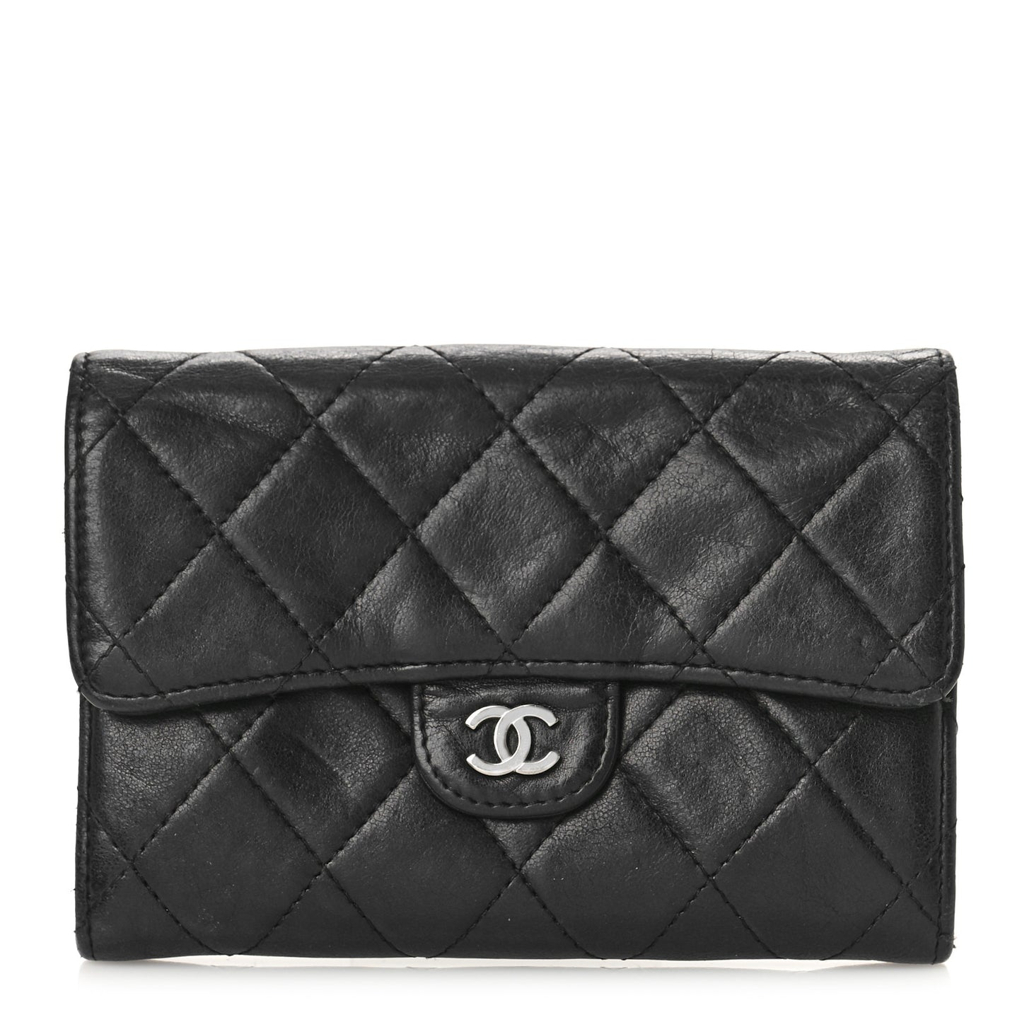 Lambskin Quilted Flap Card Holder Black