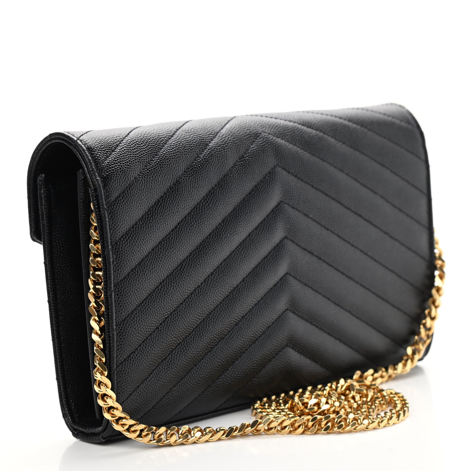 Saint Laurent Grain De Poudre Matelasse Chevron Monogram Chain Wallet Black 3 of 8