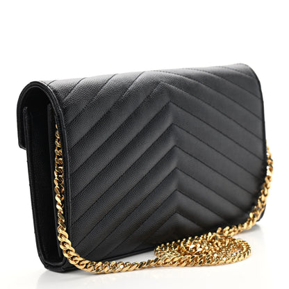 Saint Laurent Grain De Poudre Matelasse Chevron Monogram Chain Wallet Black 3 of 8