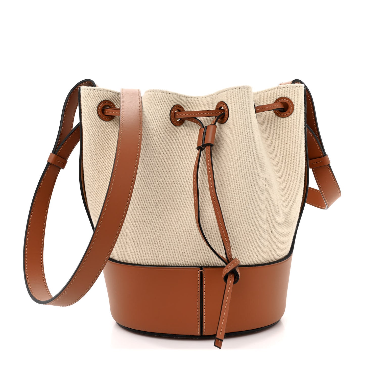 Canvas Calfskin Balloon Bucket Bag Ecru Tan