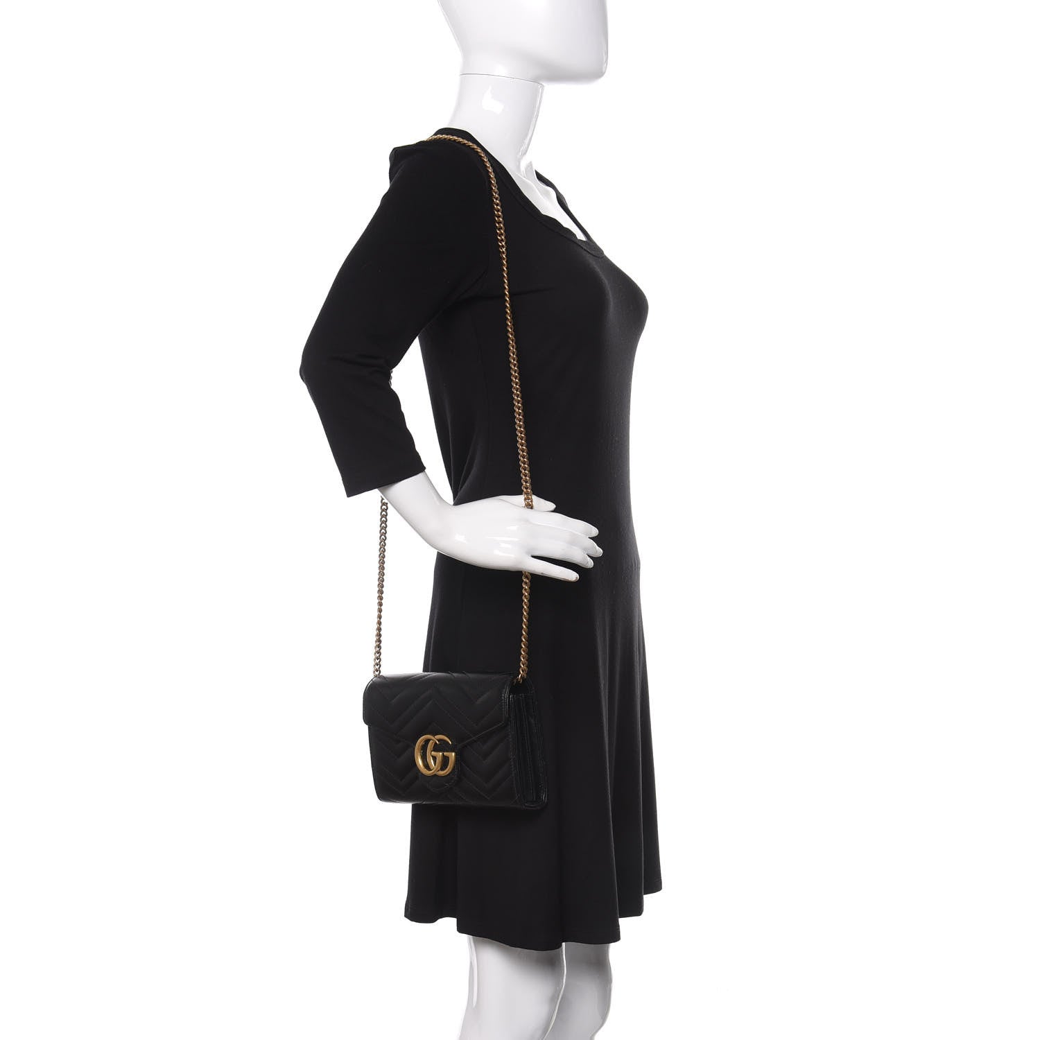 Gucci Calfskin Matelasse GG Marmont Chain Wallet Black 2 of 11