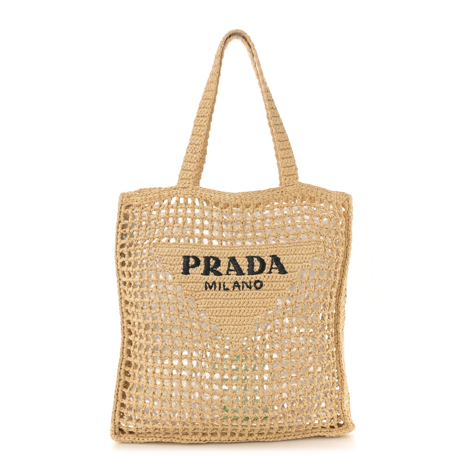 Prada Yarn Raffia Effect Crochet Logo Embroidered Tote Bag Naturale 1 of 9