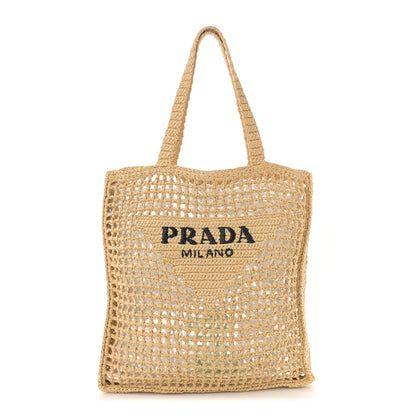 Prada Yarn Raffia Effect Crochet Logo Embroidered Tote Bag Naturale 1 of 9