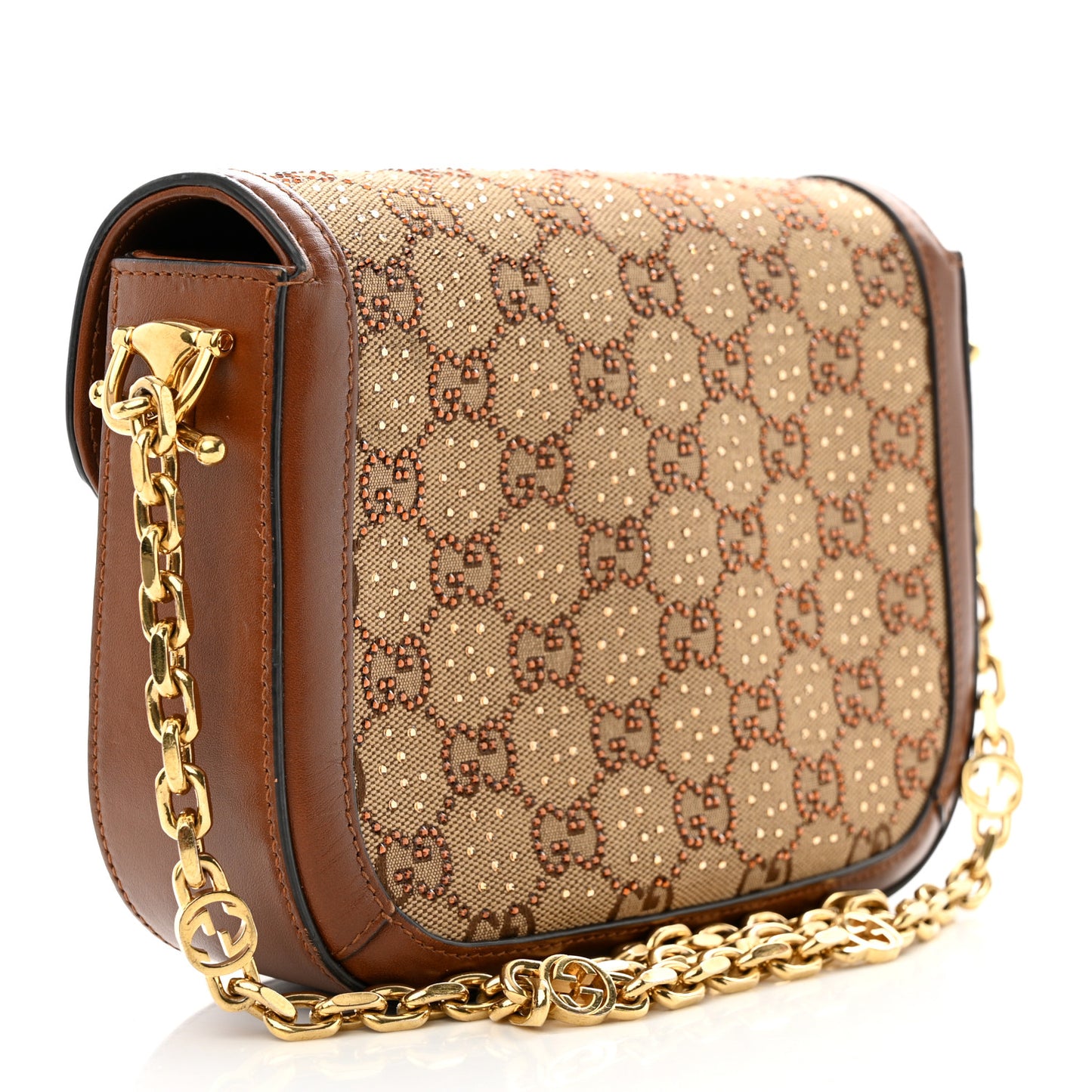 Canvas Calfskin Crystal GG Monogram Mini Horsebit 1955 Shoulder Bag Camel Ebony