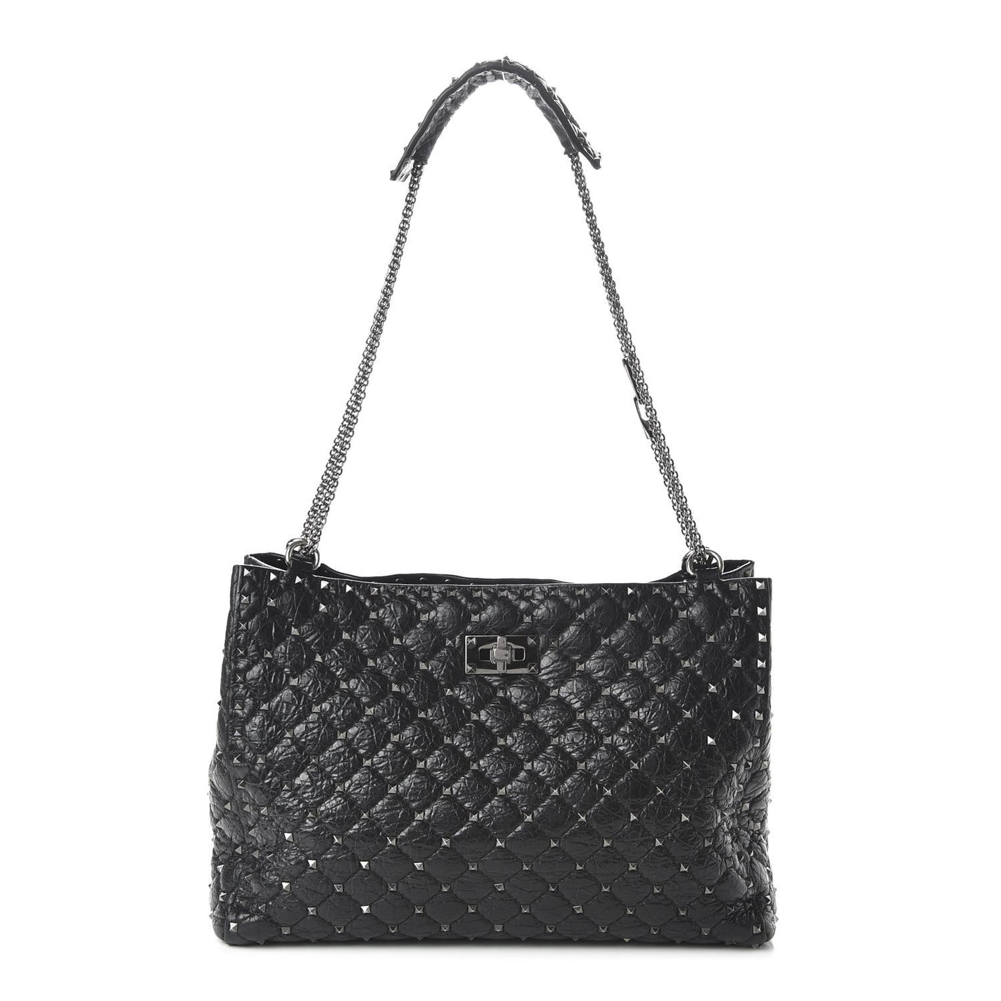 Craquele Nappa Rockstud Spike Shoulder Tote Black