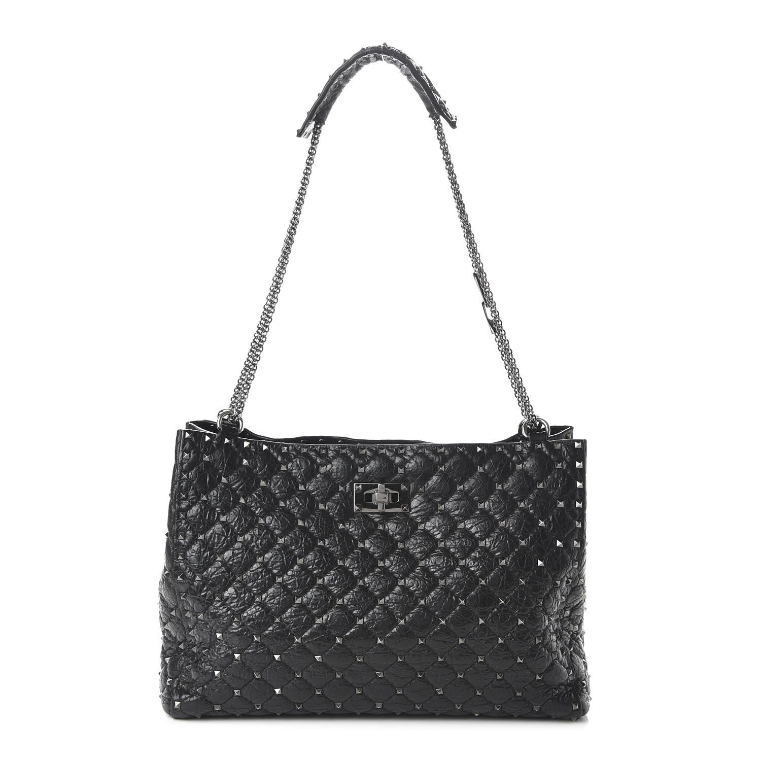 Valentino Garavani Craquele Nappa Rockstud Spike Shoulder Tote Black 1 of 9