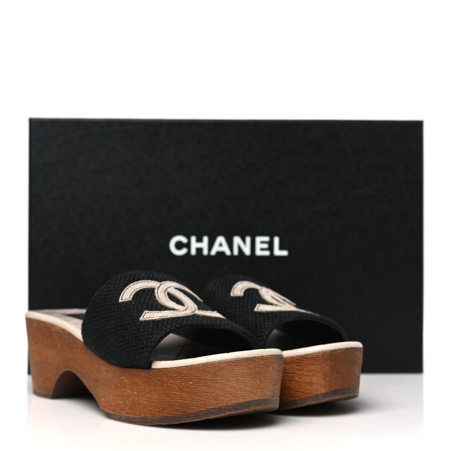 Chanel Fabric Suede Calfskin Wooden CC Clogs  36 Black Light Grey 9 of 9