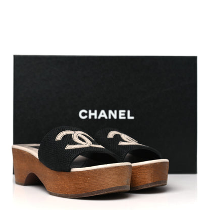 Chanel Fabric Suede Calfskin Wooden CC Clogs  36 Black Light Grey 9 of 9
