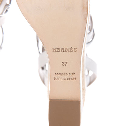 Hermes Metallic Nappa Amarres Espadrille Wedge 37 White Gris Argente 7 of 9