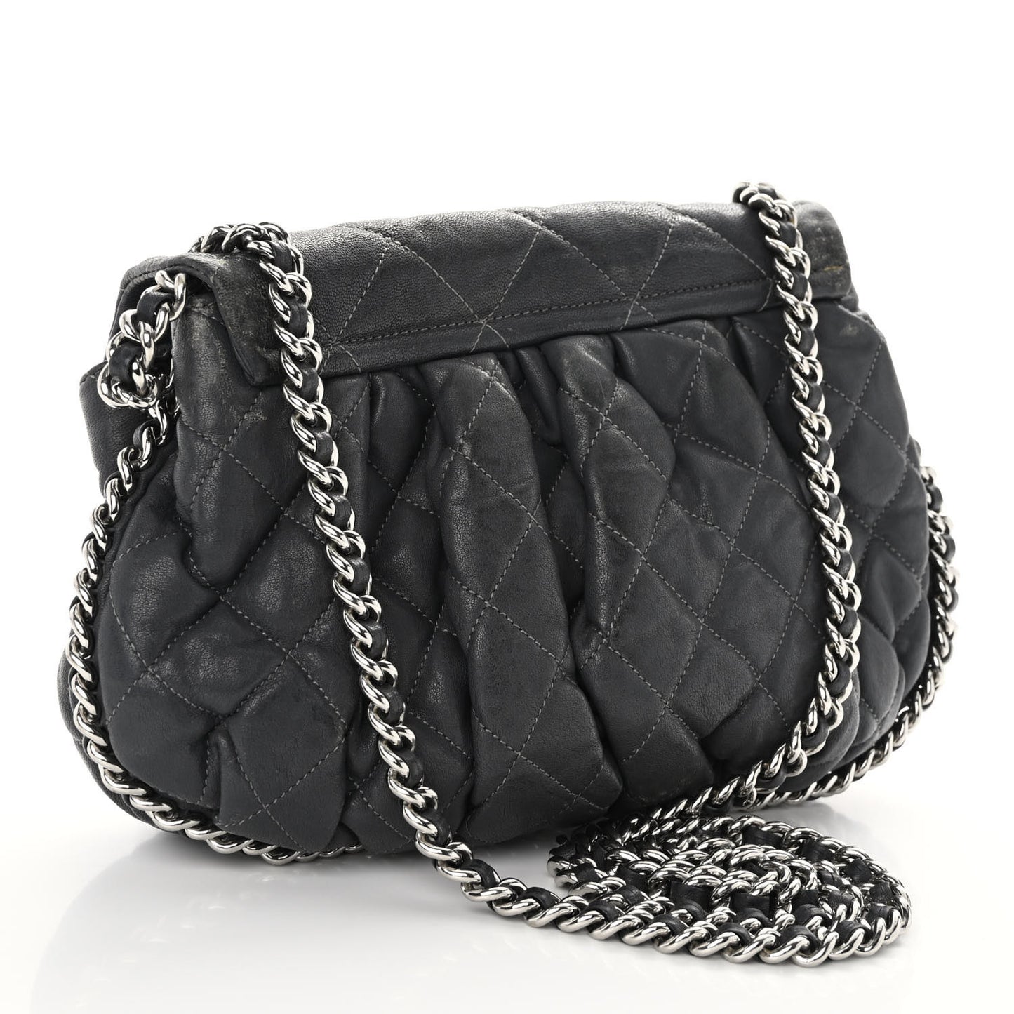 Washed Lambskin Quilted Medium Chain Around Messenger Dark Grey