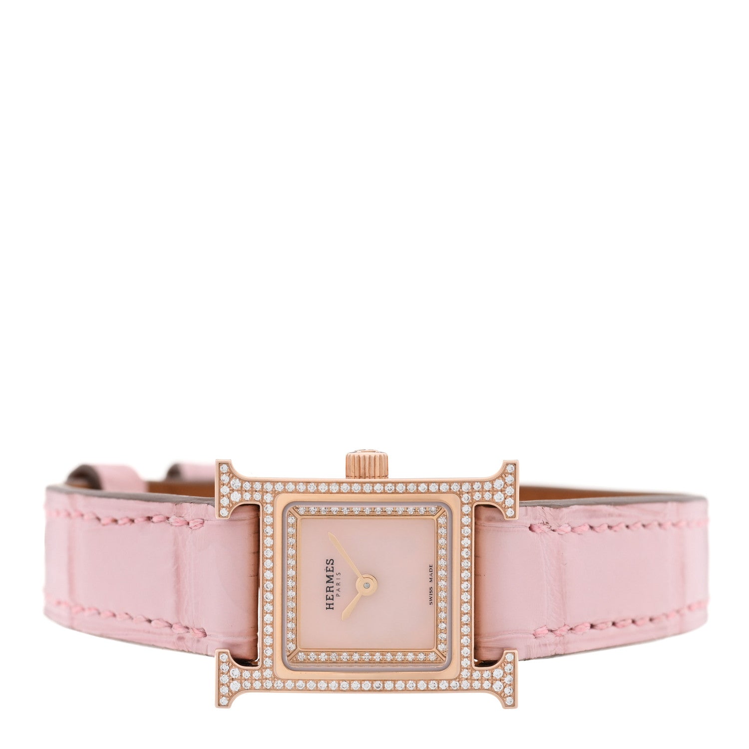 Hermes 18K Rose Gold Alligator Diamond Bezel Rose Opal 17.2mm Heure H Hour Quartz Watch Rose Pale 2 of 5