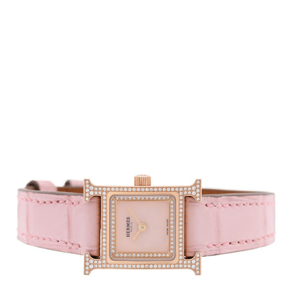 Hermes 18K Rose Gold Alligator Diamond Bezel Rose Opal 17.2mm Heure H Hour Quartz Watch Rose Pale 2 of 5