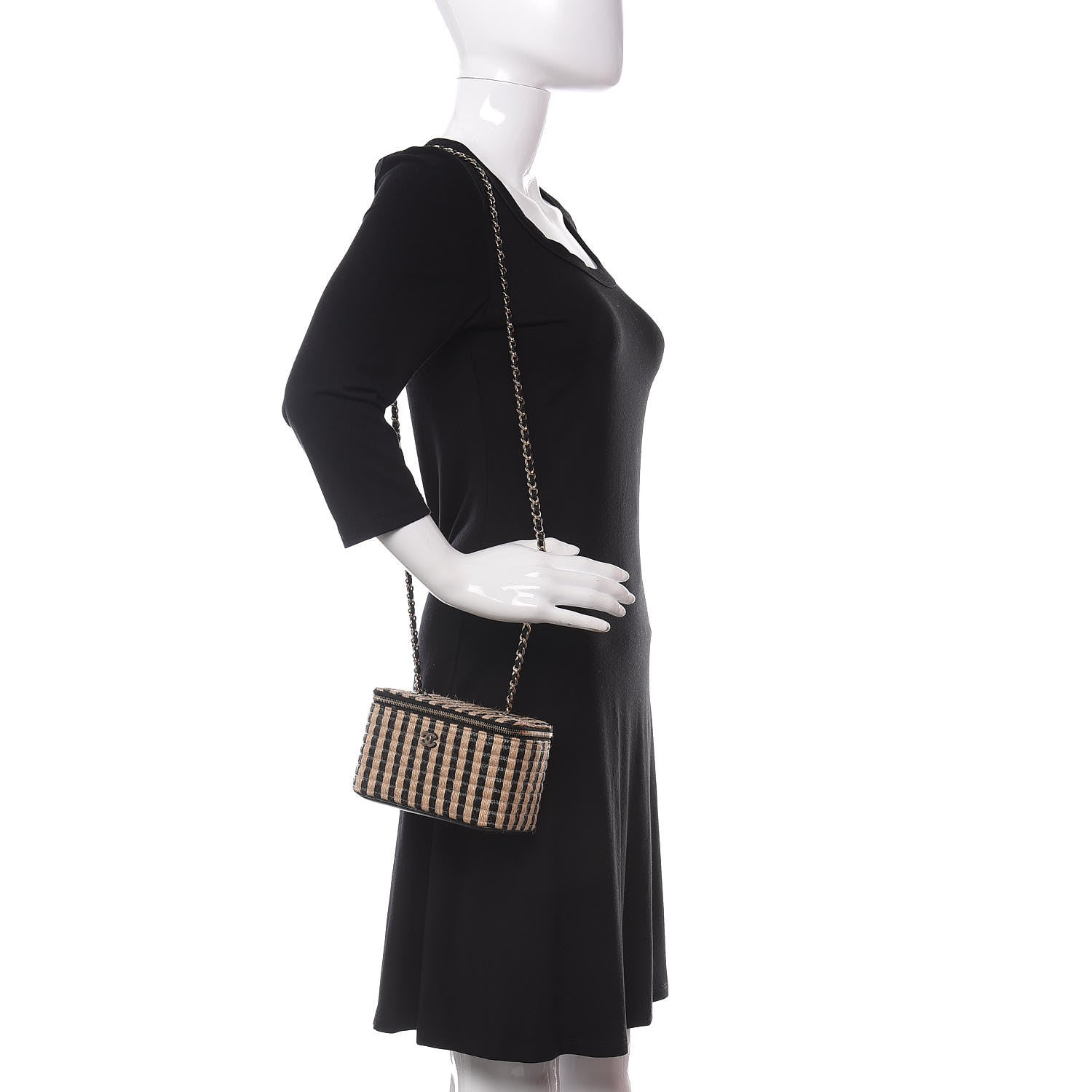 Chanel Raffia Jute Striped Small Vanity Case With Chain Black Beige 2 of 11
