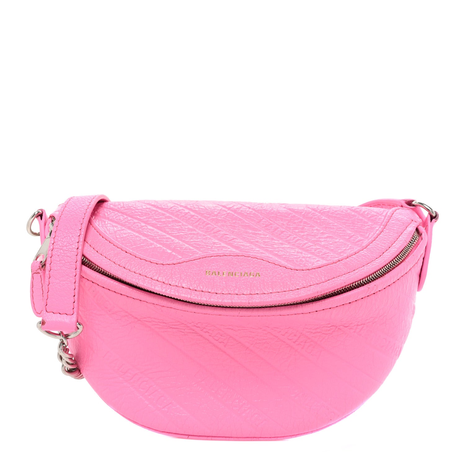 Balenciaga Shiny Goatskin Allover Logo Embossed XXS Souvenir Belt Bag Acid Pink 1 of 13
