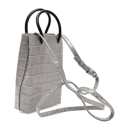Balenciaga Calfskin Crocodile Embossed Logo Shopping Phone Holder Bag Steel Grey 3 of 9