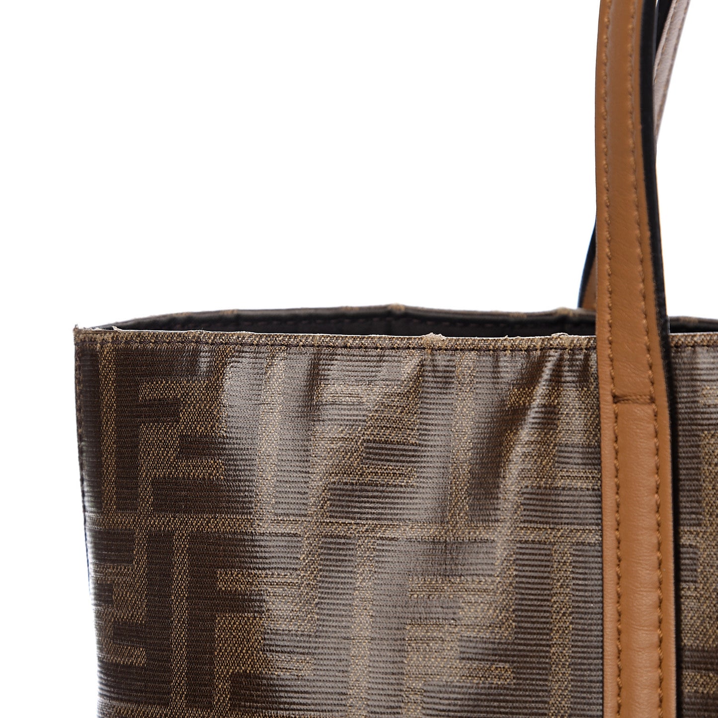 Glazed Fabric Vitello Century FF 1974 Stamp Patch Shopping Tote Mogano Panna Caramello