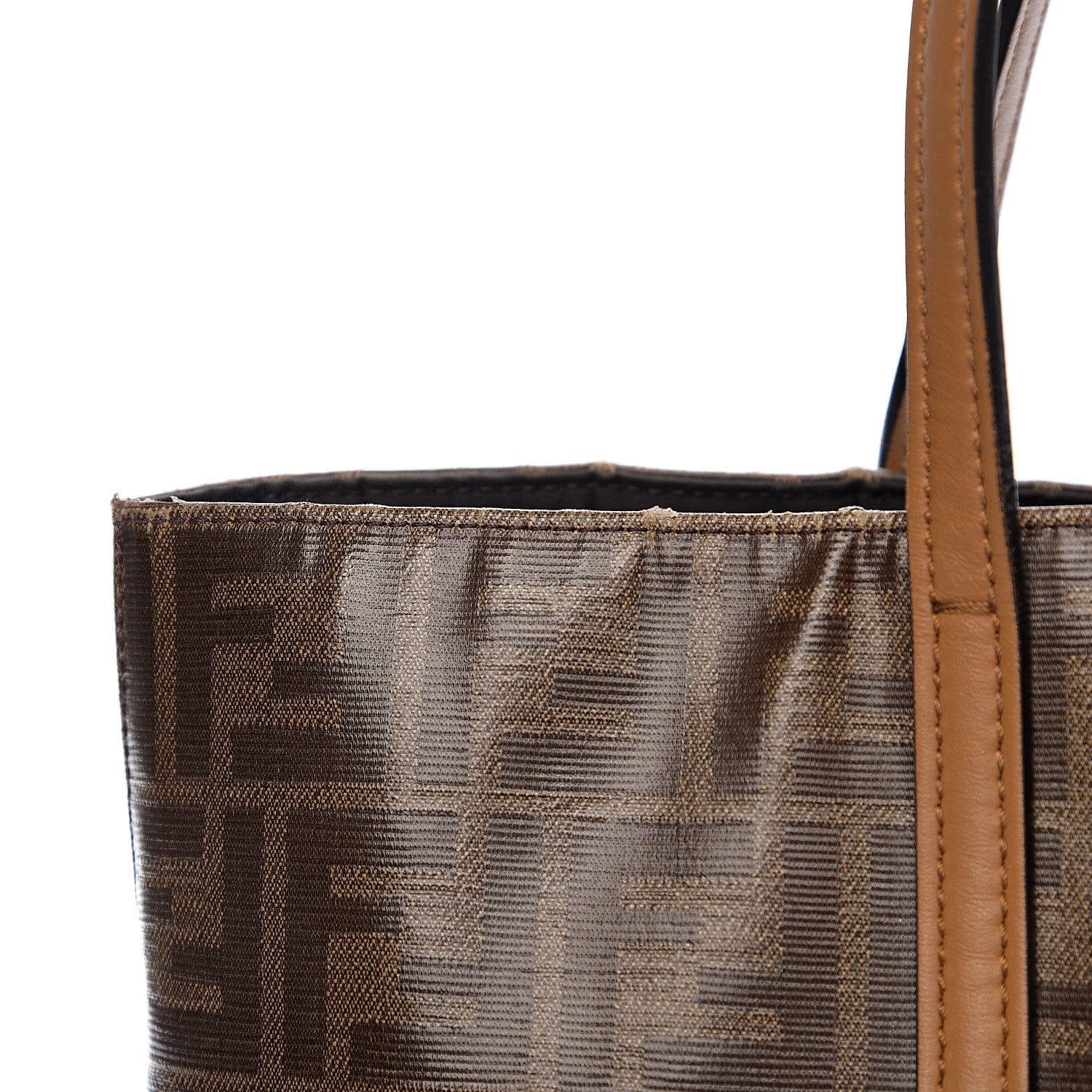 Fendi Glazed Fabric Vitello Century FF 1974 Stamp Patch Shopping Tote Mogano Panna Caramello 7 of 12