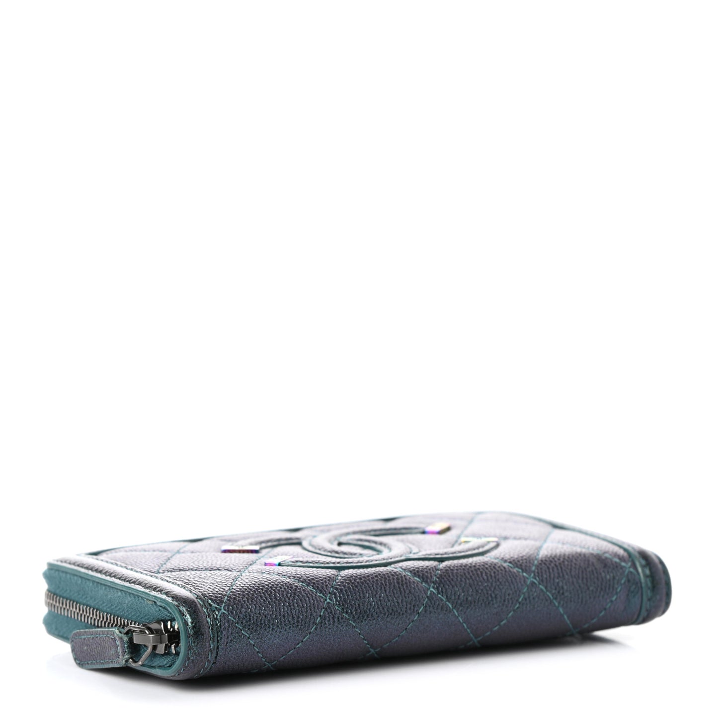Iridescent Caviar Quilted Medium Filigree Zip Around Wallet Dark Turquoise
