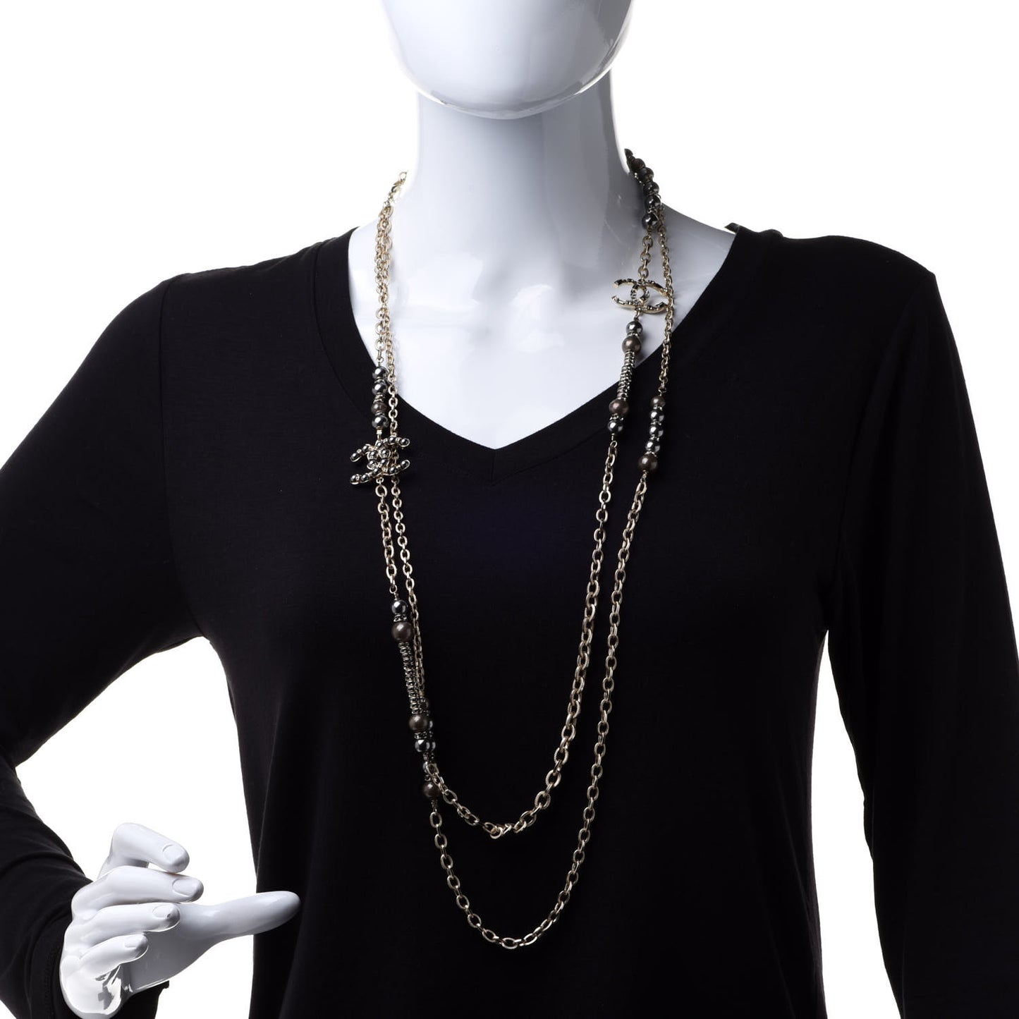 Pearl Crystal Nefertiti CC Long Necklace Gold Grey