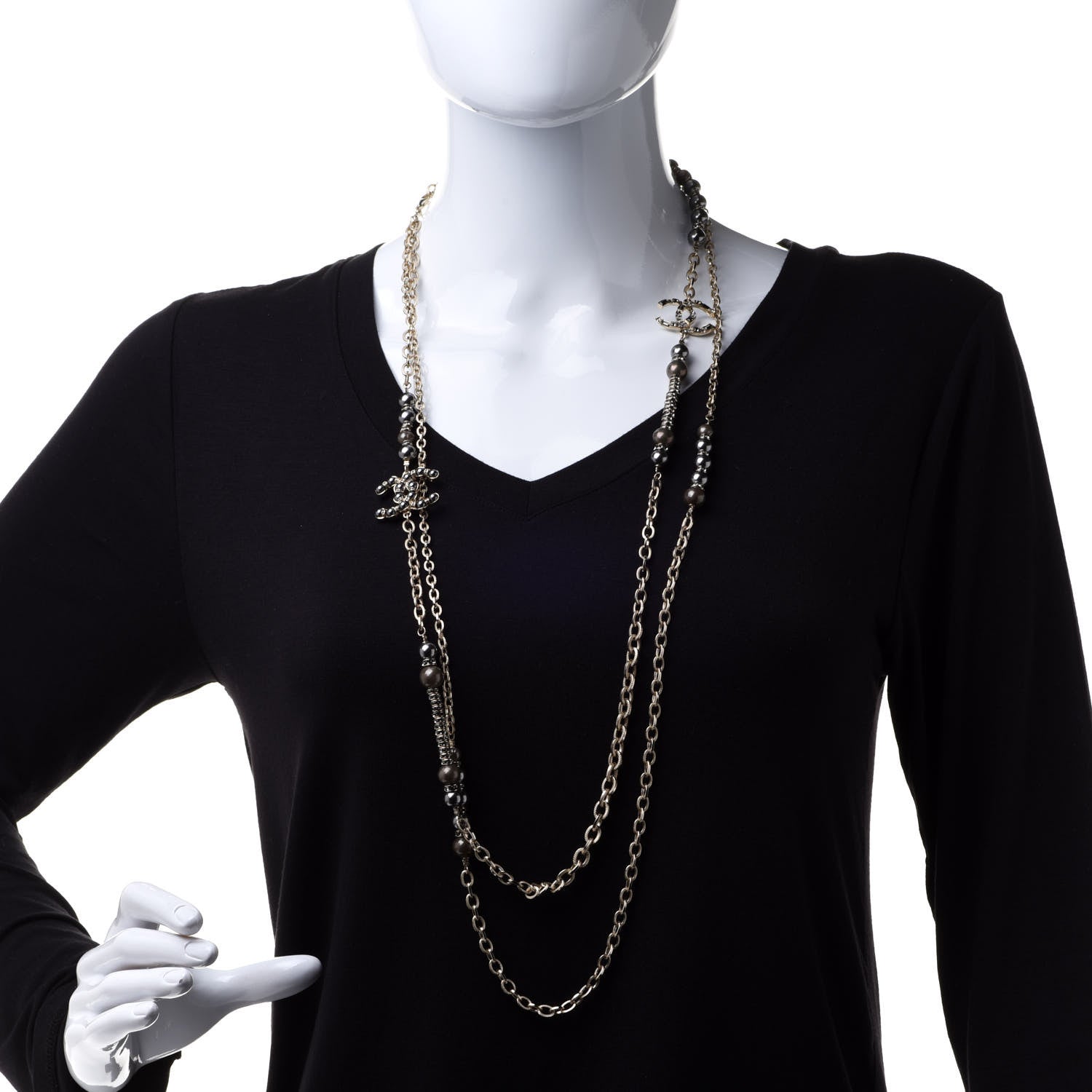 Chanel Pearl Crystal Nefertiti CC Long Necklace Gold Grey 2 of 5