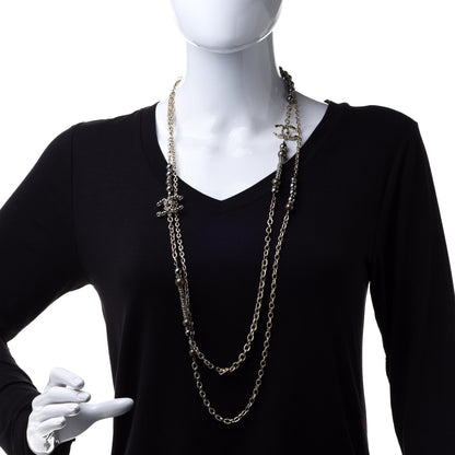 Chanel Pearl Crystal Nefertiti CC Long Necklace Gold Grey 2 of 5