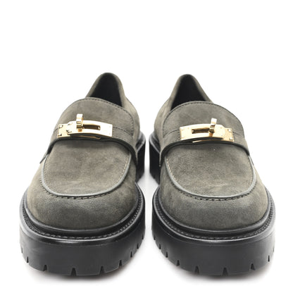 Hermes Chevre Velours Womens Icone Loafers 37 Vert Foret 3 of 10