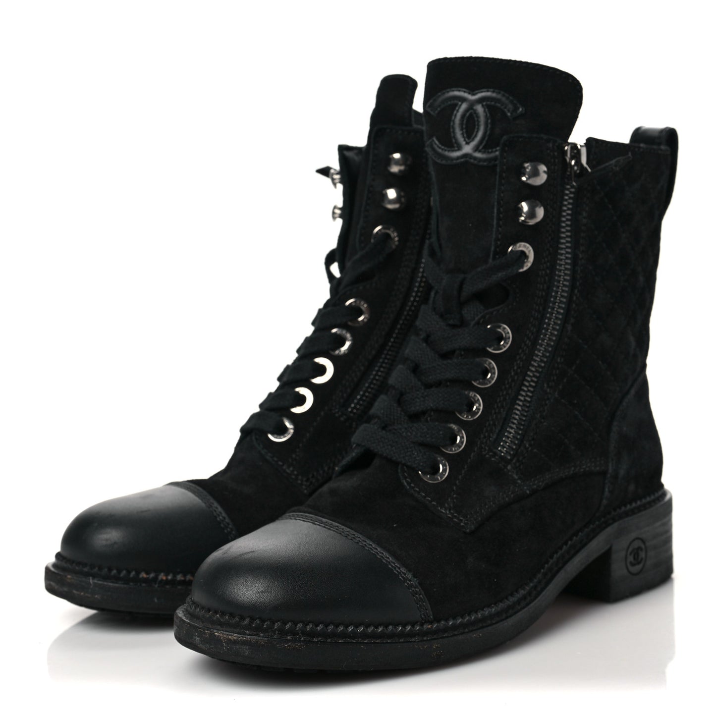 Suede Calfskin Quilted CC Lace Up Combat Boots 36 Black