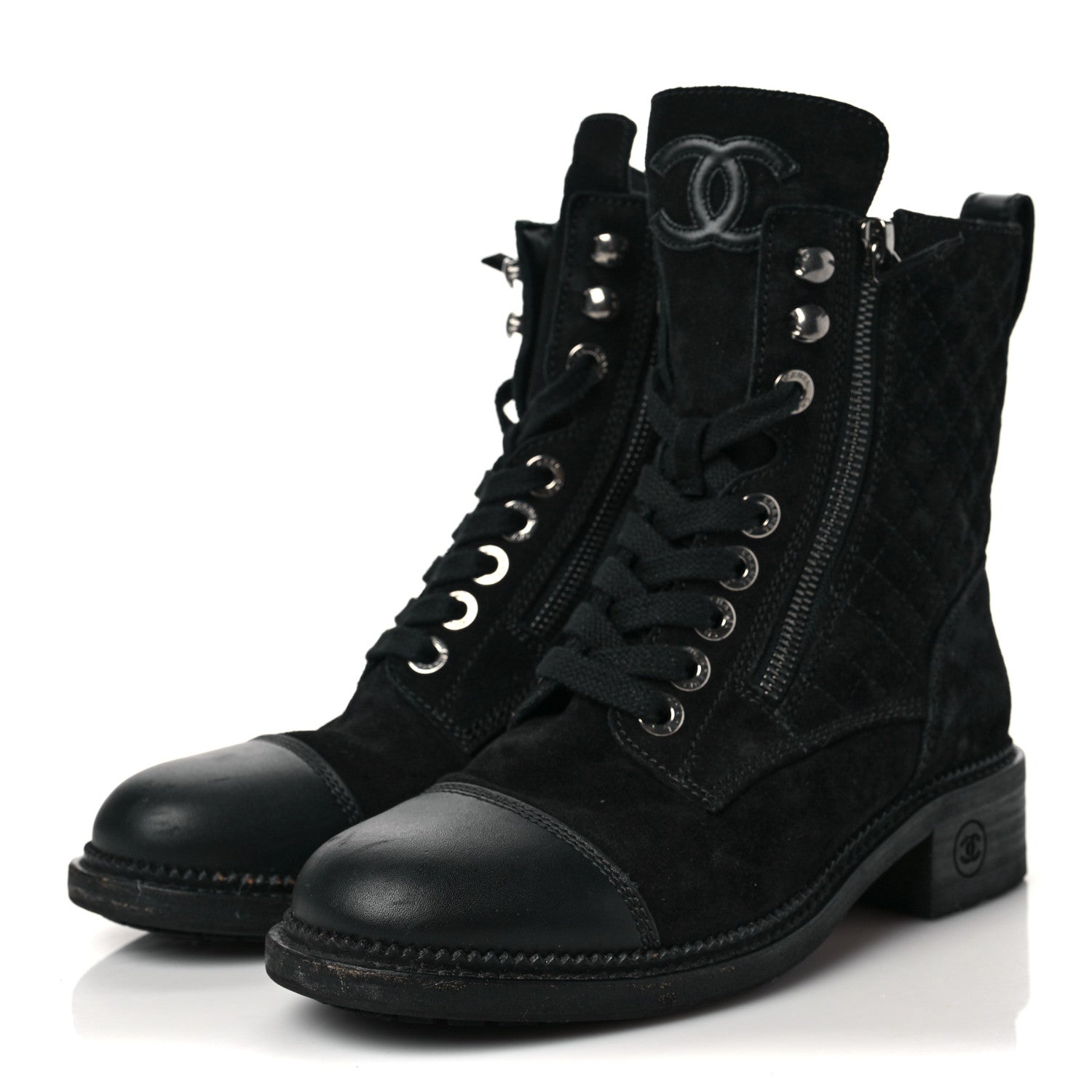 Chanel Suede Calfskin Quilted CC Lace Up Combat Boots 36 Black 3 of 8