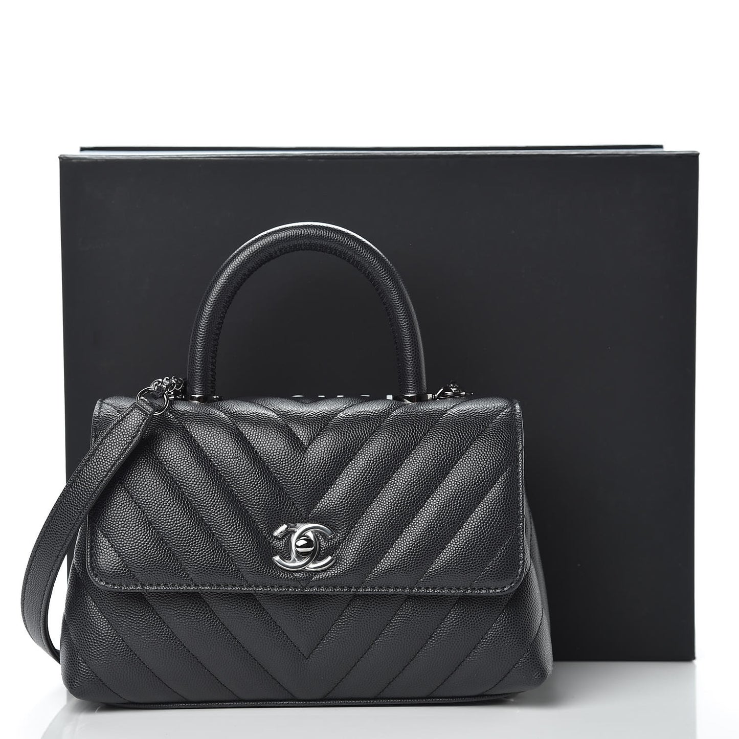 Caviar Chevron Quilted Mini Coco Handle Flap Dark Grey