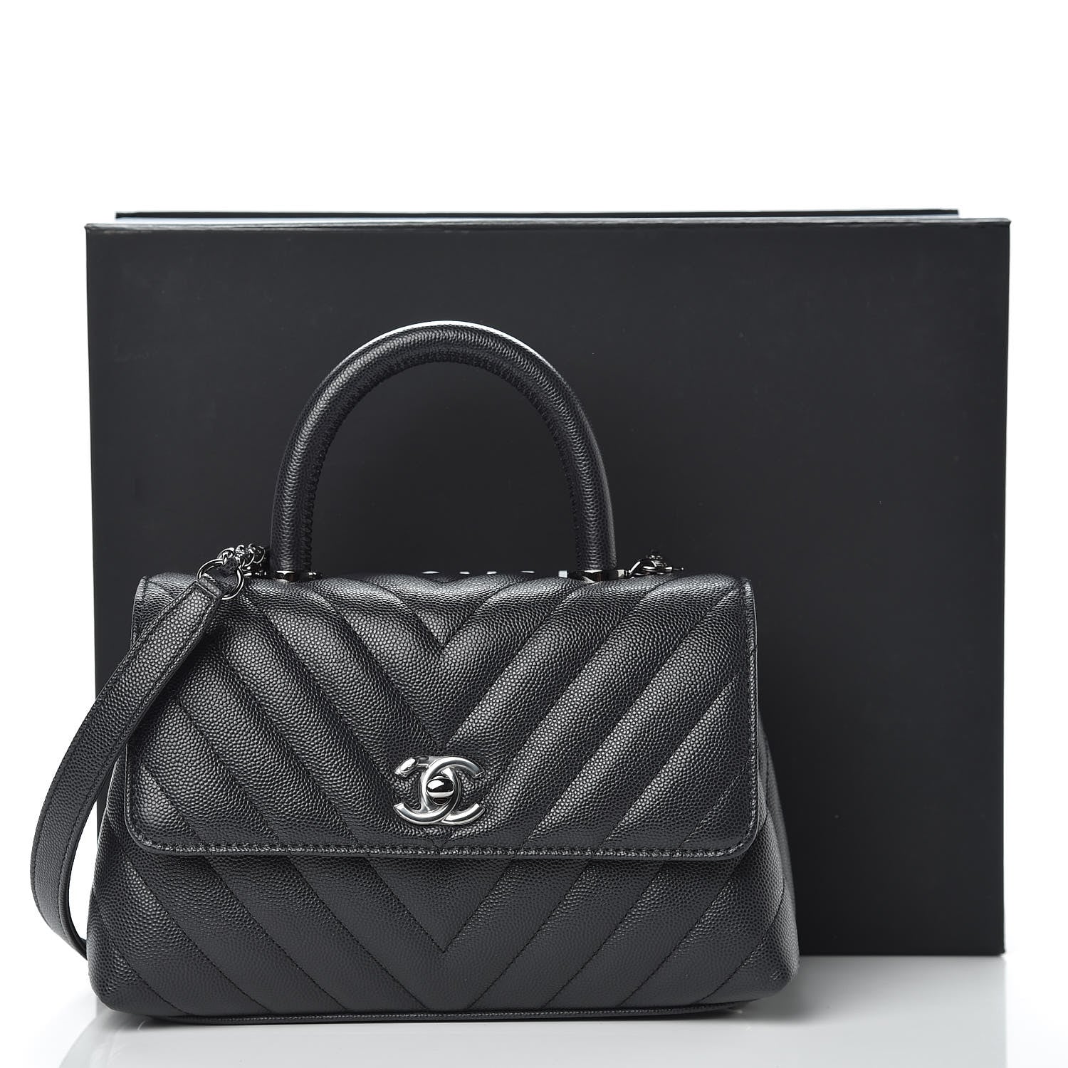Chanel Caviar Chevron Quilted Mini Coco Handle Flap Dark Grey 10 of 10