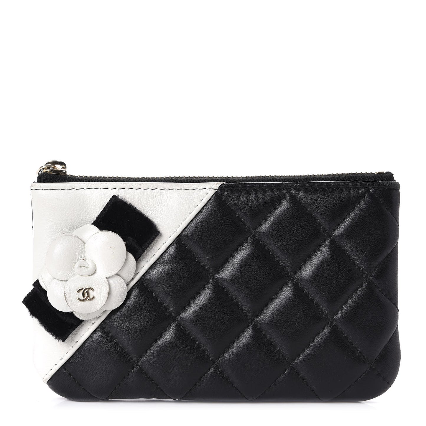 Lambskin Quilted Small Camellia Cosmetic Pouch Black White