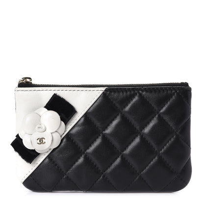 Chanel Lambskin Quilted Small Camellia Cosmetic Pouch Black White 1 of 9