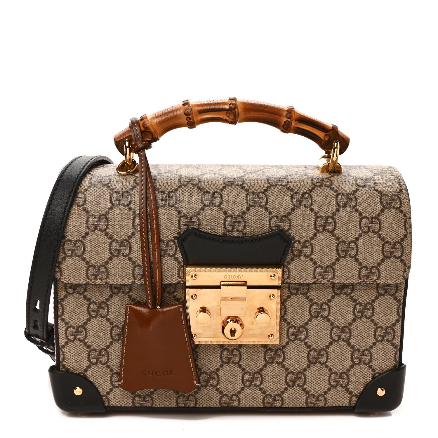 Gucci GG Supreme Monogram Small Padlock Bamboo Shoulder Bag Beige Black Cuir 1 of 9