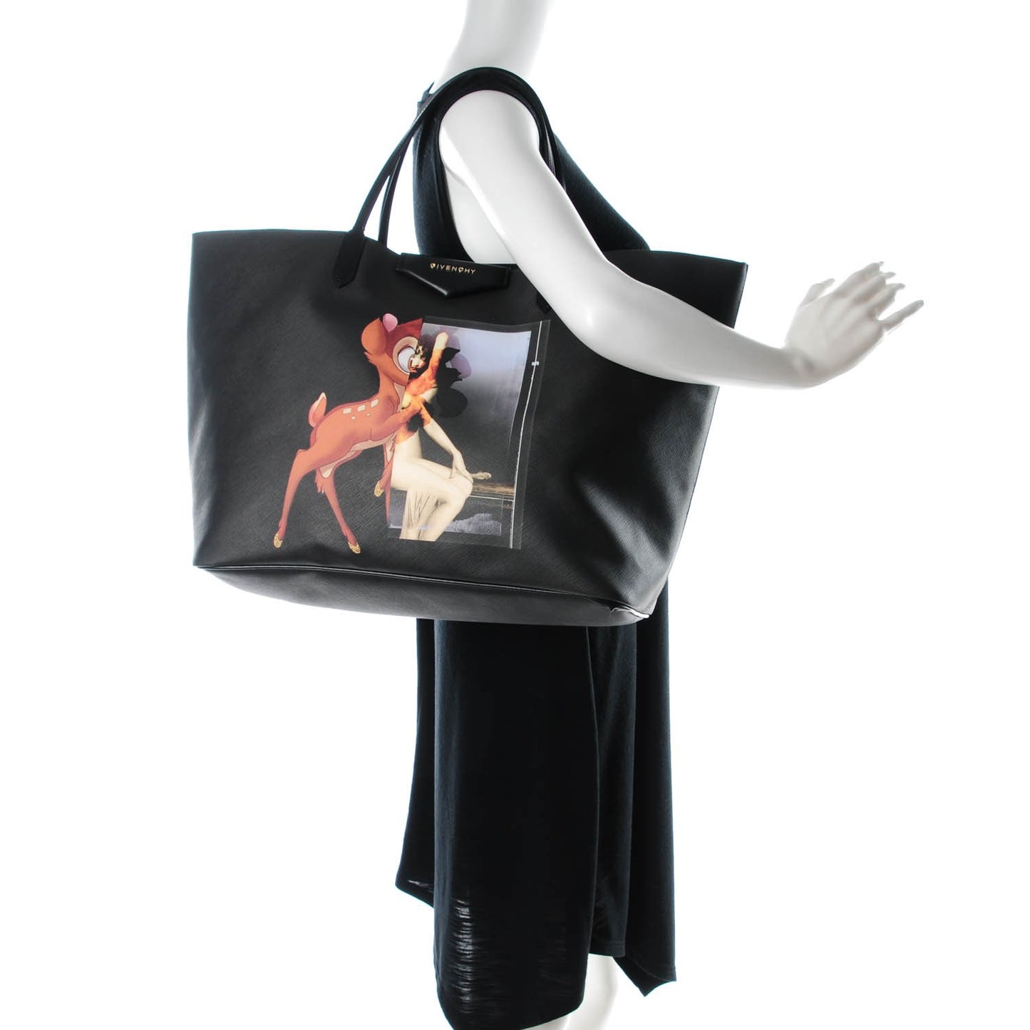 Textured Coated Canvas Bambi Print Large Antigona Tote Black