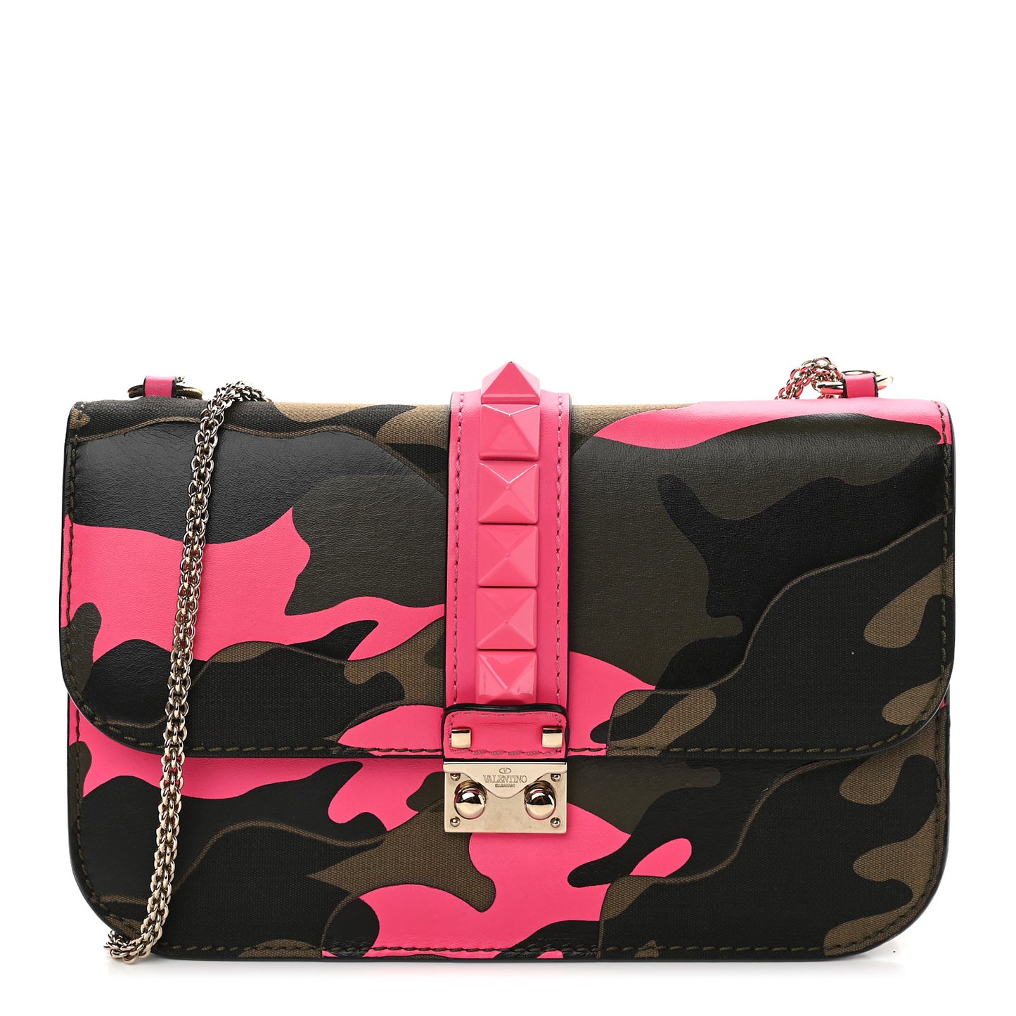Nappa Canvas Camouflage Medium Glam Lock Rockstud Flap Fuxia Fluo