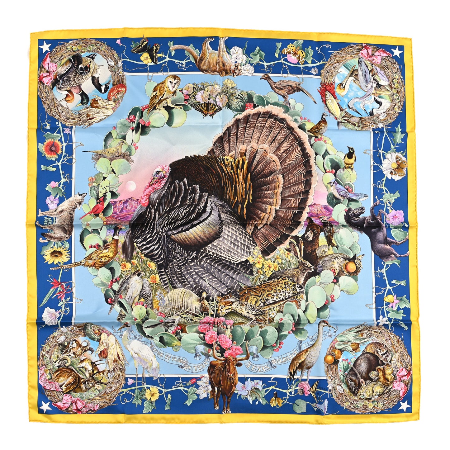 Silk Faune Et Flore Du Texas Scarf 90 Jaune Vif Bleu Azur Multicolor