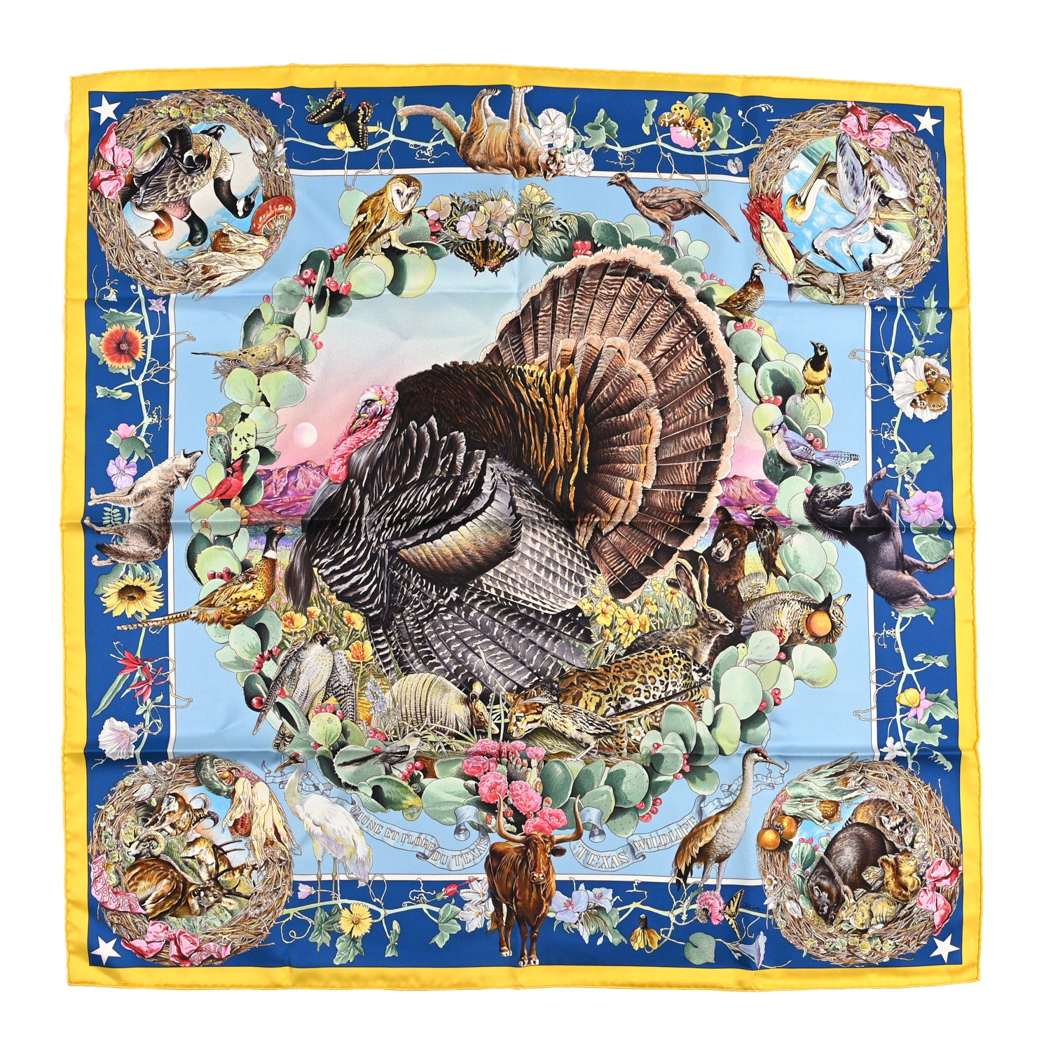 Hermes Silk Faune Et Flore Du Texas Scarf 90 Jaune Vif Bleu Azur Multicolor 1 of 3