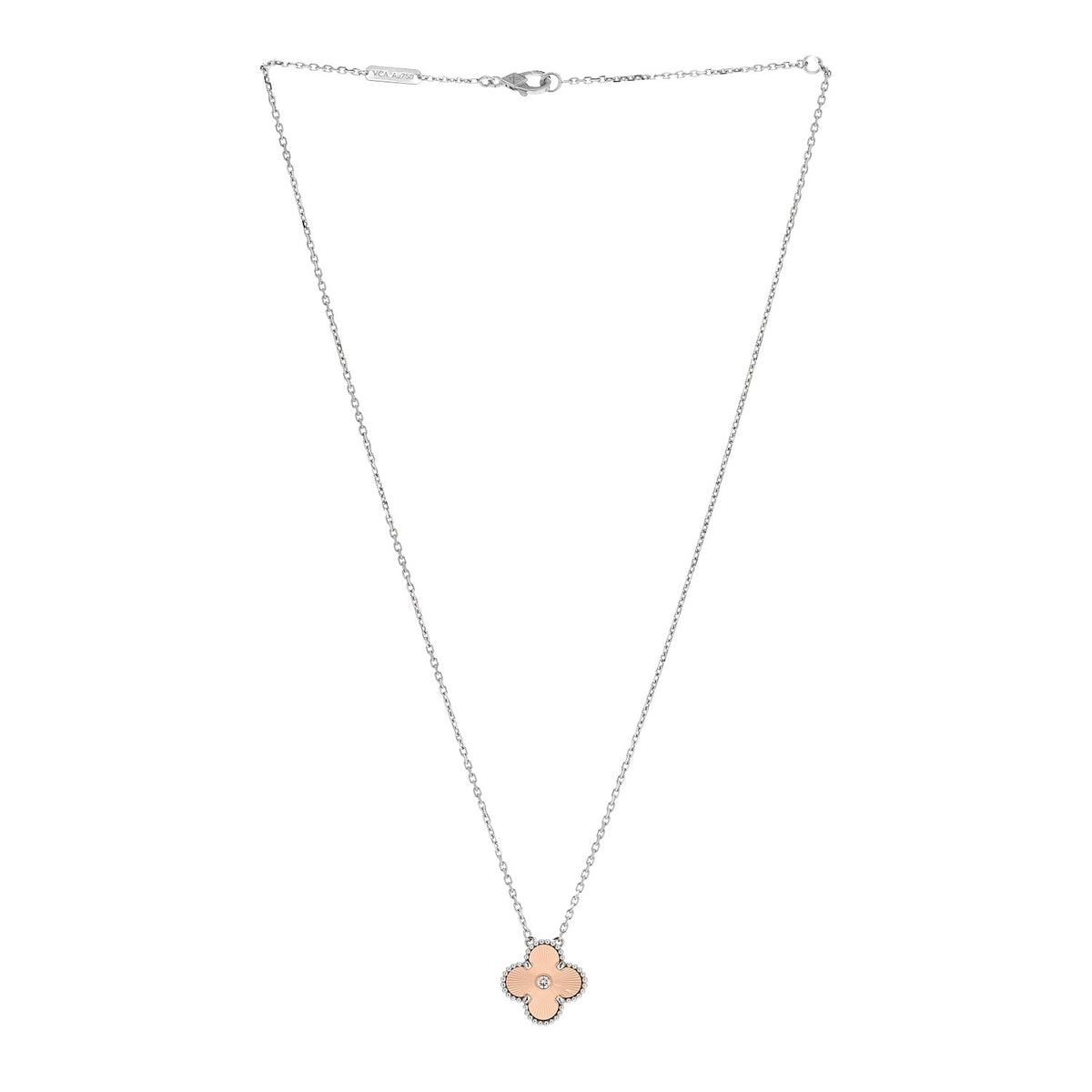 18K White Rose Gold Diamond Guilloche Vintage Alhambra Pendant Necklace