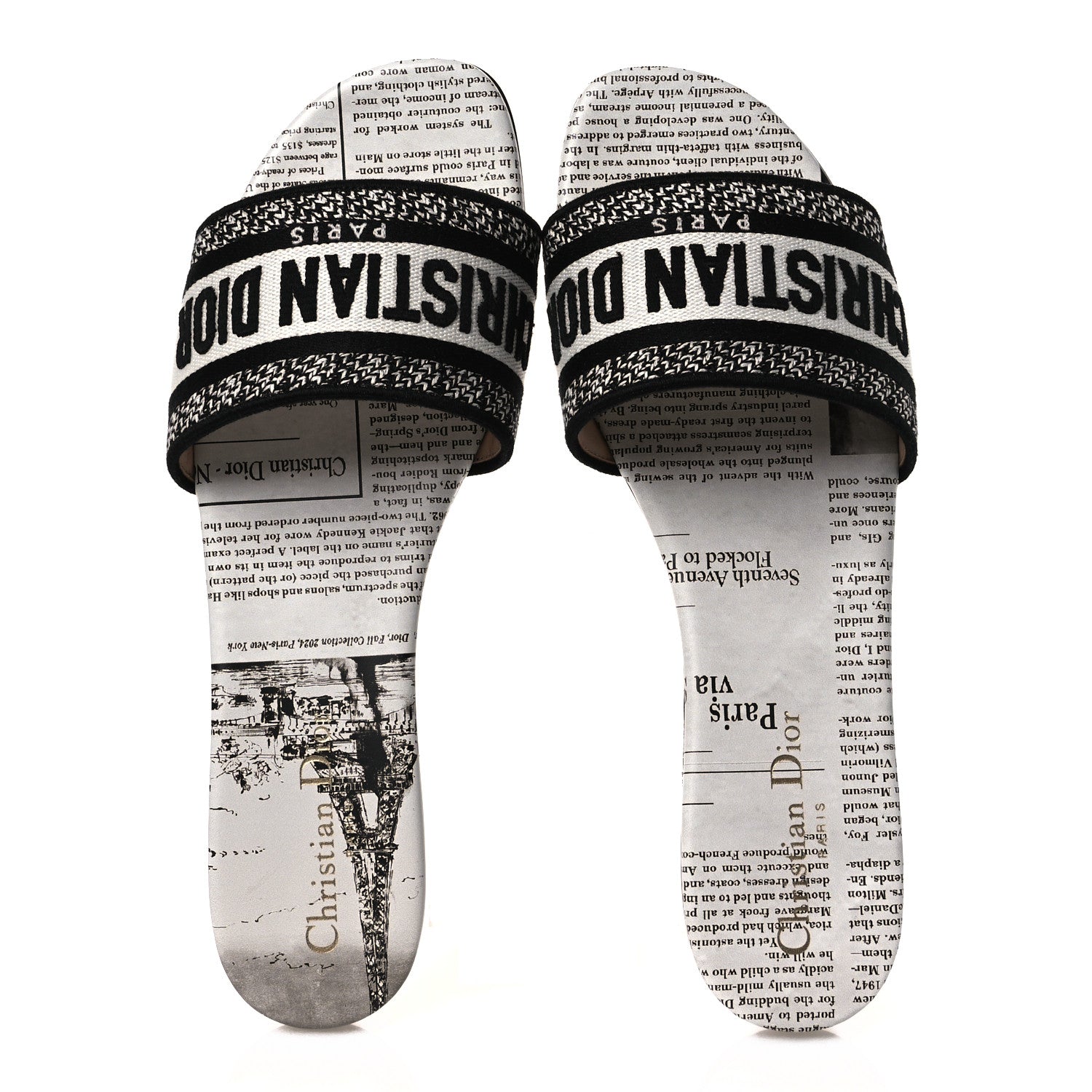 Christian Dior Calfskin Newspaper Printed Embroidered Dway Flat Slide Sandals 40 White 2 of 11
