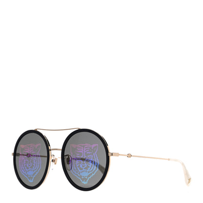 Gucci Metal Round Frame Tiger Print Sunglasses GG0061S Gold 1 of 8