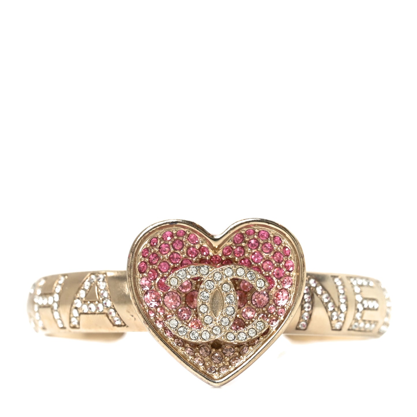 Metal Crystal Coco In Love CC Heart Cuff Bracelet L Gold Pink