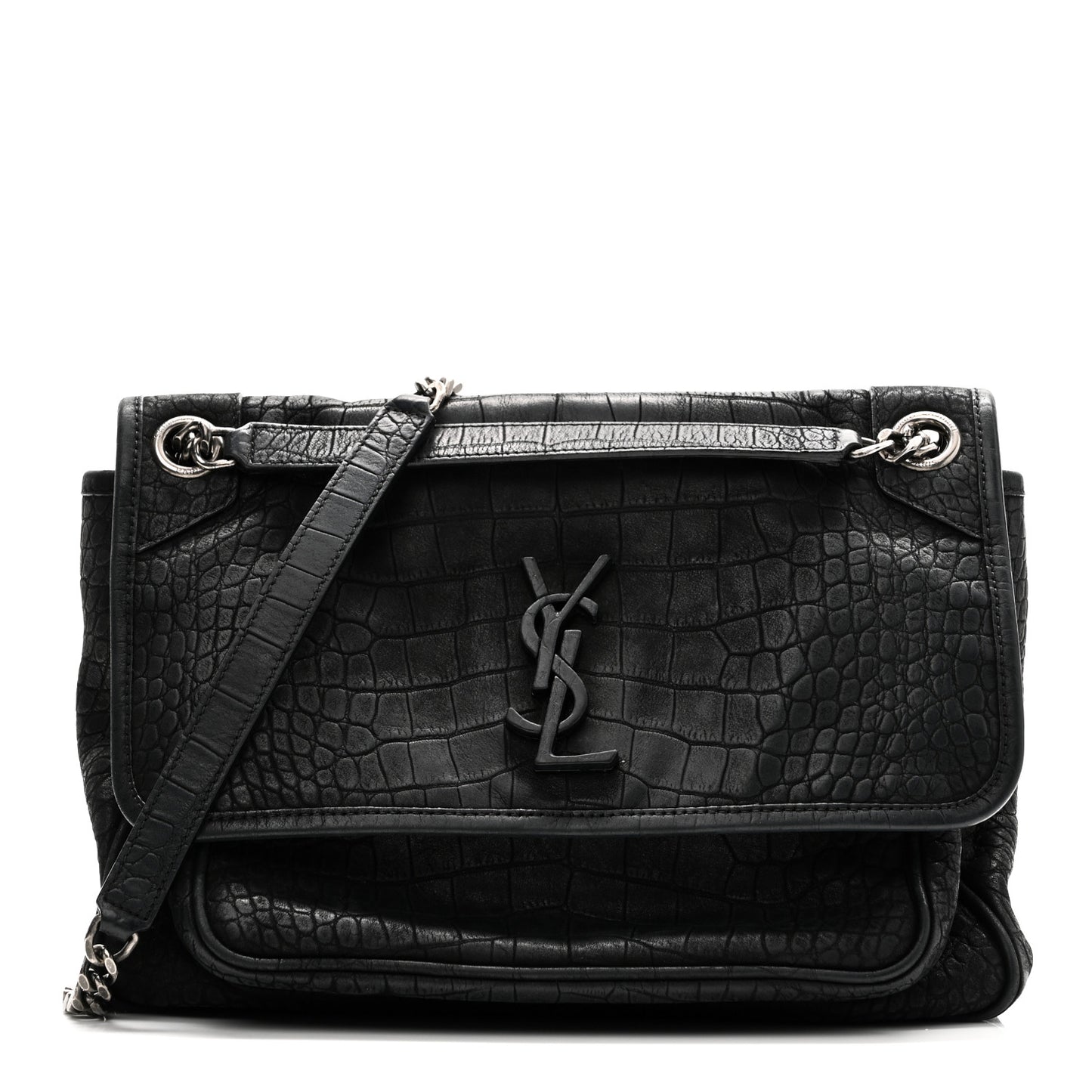 Nubuck Crocodile Embossed Monogram Medium Niki Chain Satchel Black