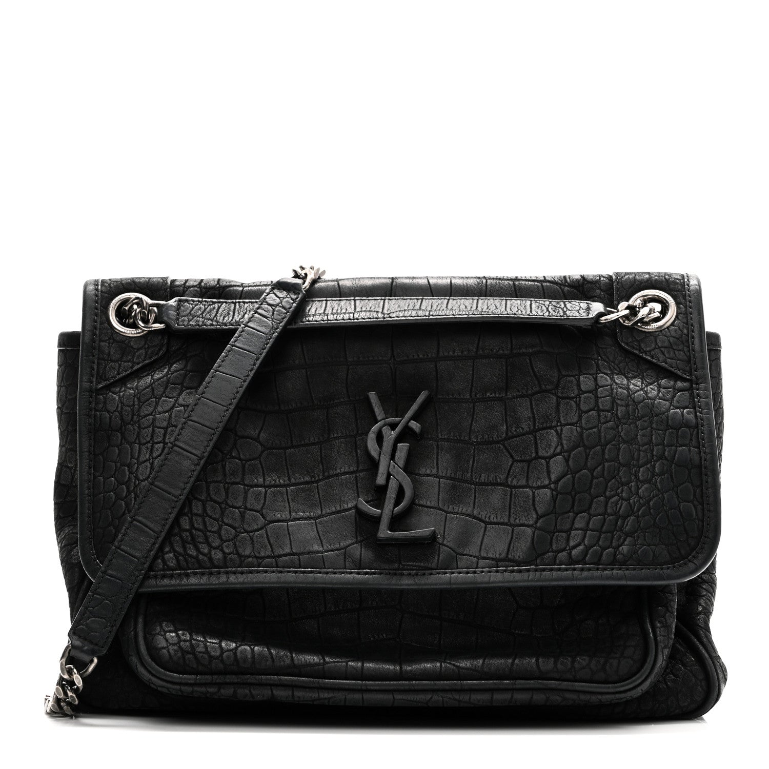 Saint Laurent Nubuck Crocodile Embossed Monogram Medium Niki Chain Satchel Black 1 of 10