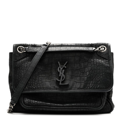 Saint Laurent Nubuck Crocodile Embossed Monogram Medium Niki Chain Satchel Black 1 of 10