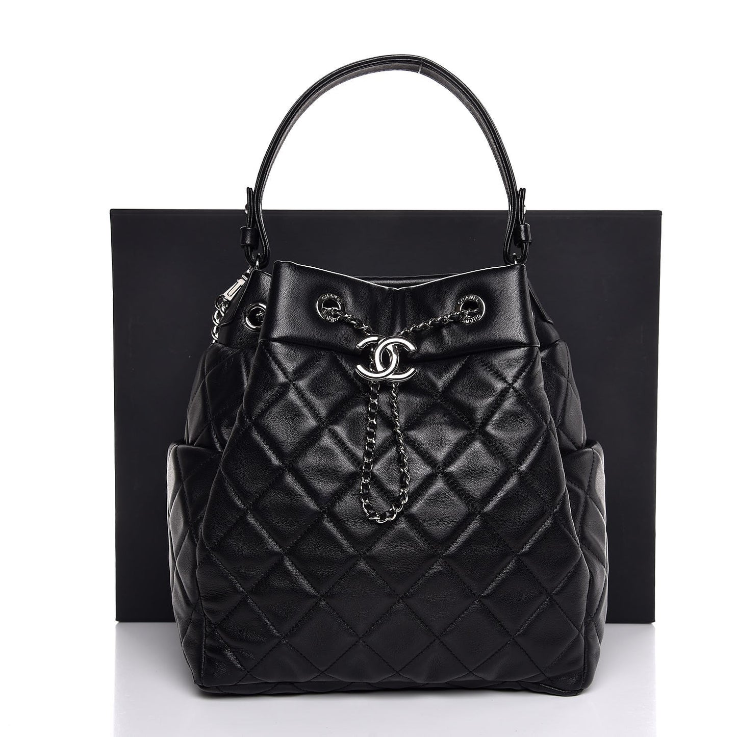 Lambskin Quilted CC Chain Drawstring Tote Black