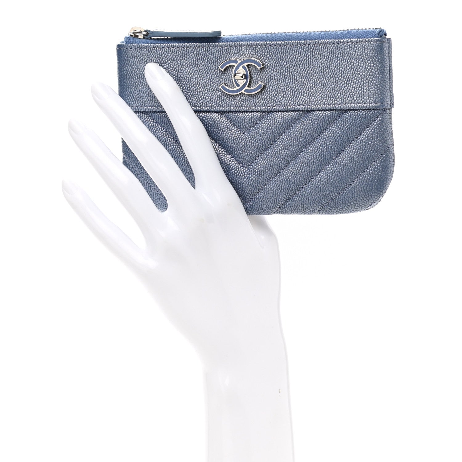 Chanel Metallic Caviar Chevron Quilted Small Vintage Mademoiselle Cosmetic Case Blue 2 of 7